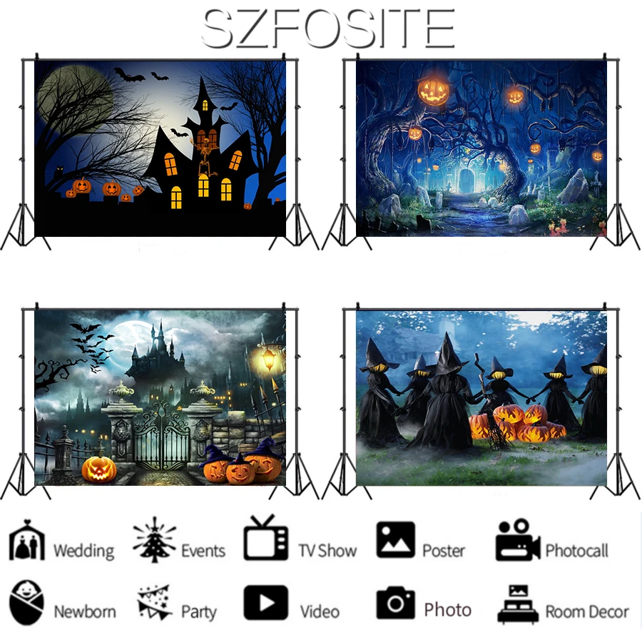 

Horrible Manor Pumpkin Lantern Halloween Backdrop Holiday Party Family Room Decoration Photography Photo Child Vinyl Background