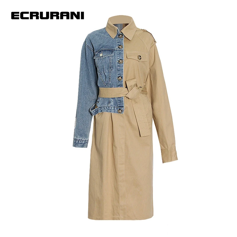 

ECRURANI Patchwork Elegant Coat For Women Lapel Long Sleeve High Waist Sashes Denim Casual Coats Females 2021 Fashion New Style