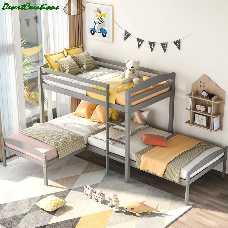 

Твин над двойной над двуспальная кровать, l-образной формы двухъярусная кровать, деревянная кровать из сосны рамка для детей и подростков, ж...
