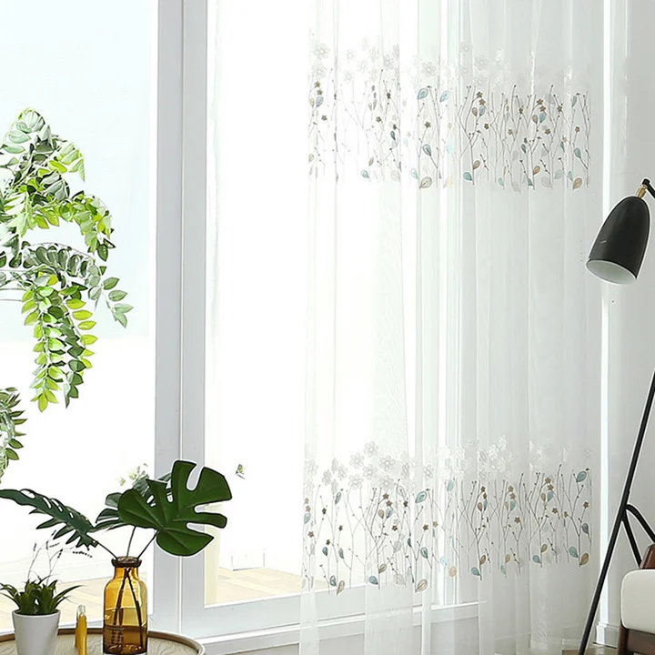 

FieldCricket Embroidered Leave Pattern Tulle Curtains For Living Room Embroidery Sheer Green Tree White Curtains For Bedroom