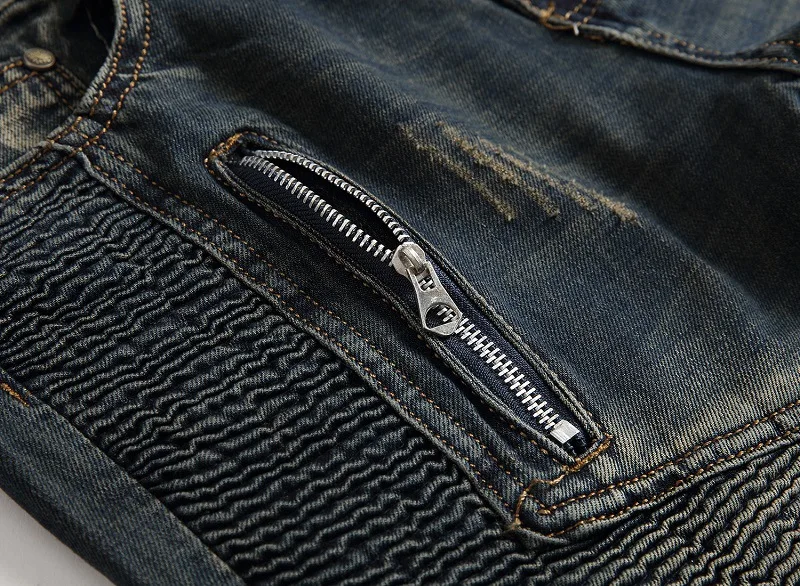 

Brand Designer Biker Jeans Men Streetwear Hip Hop Folds Moto Denim Pants Trousers Casual Slim Zipper Straight Los Hombres Jeans