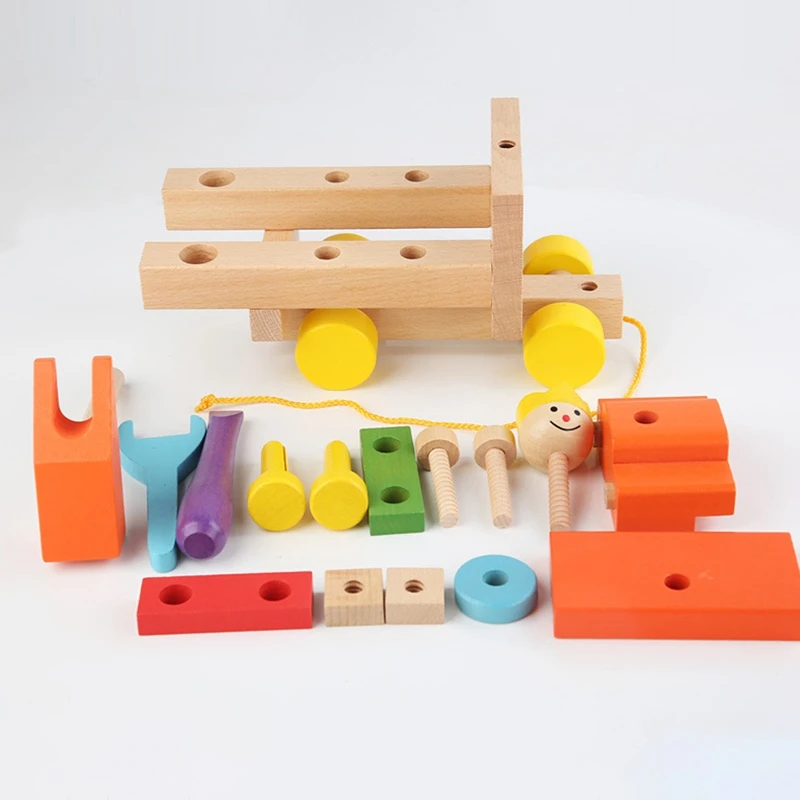 

Wooden Screw Car Toy Kids Beating Toy Disassembling Towing Car Toy Pull Rope Drag Car Engineering Car Nut Toy Car