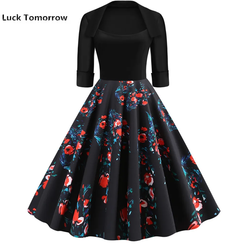 Черное осенне зимнее женское платье с коротким рукавом винтажное вечернее