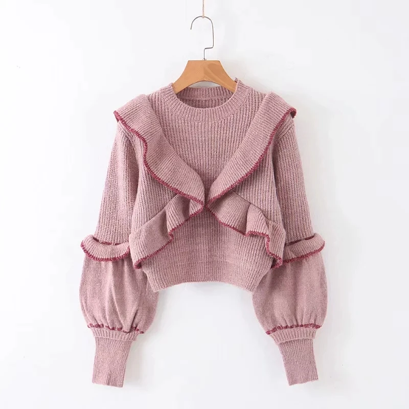 Winter ruffles knitted sweater women pullovers casual long sleeve white chic crop sweaters tops | Женская одежда