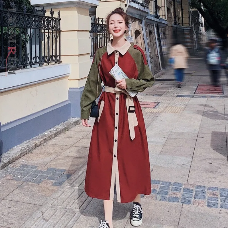 

LANMREM 2022 Autumn Winter Patchwork Contrast Color Trench Women's Lape Collar Mid Length Single Breasted Windbreak 2T1379