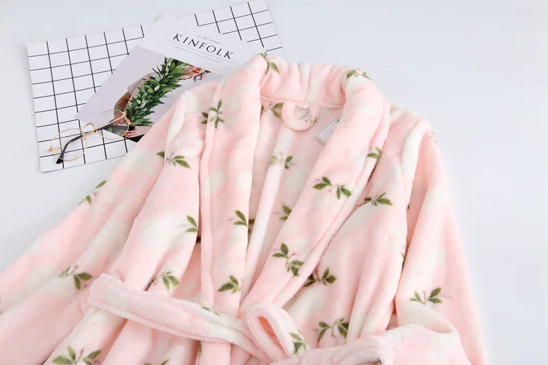 2020 New Year Robe Winter Thick Warm Female Bathrobe Flannel Pink Kimono Cute Nightgown Print Night Dress Casual Sleepwear | Женская
