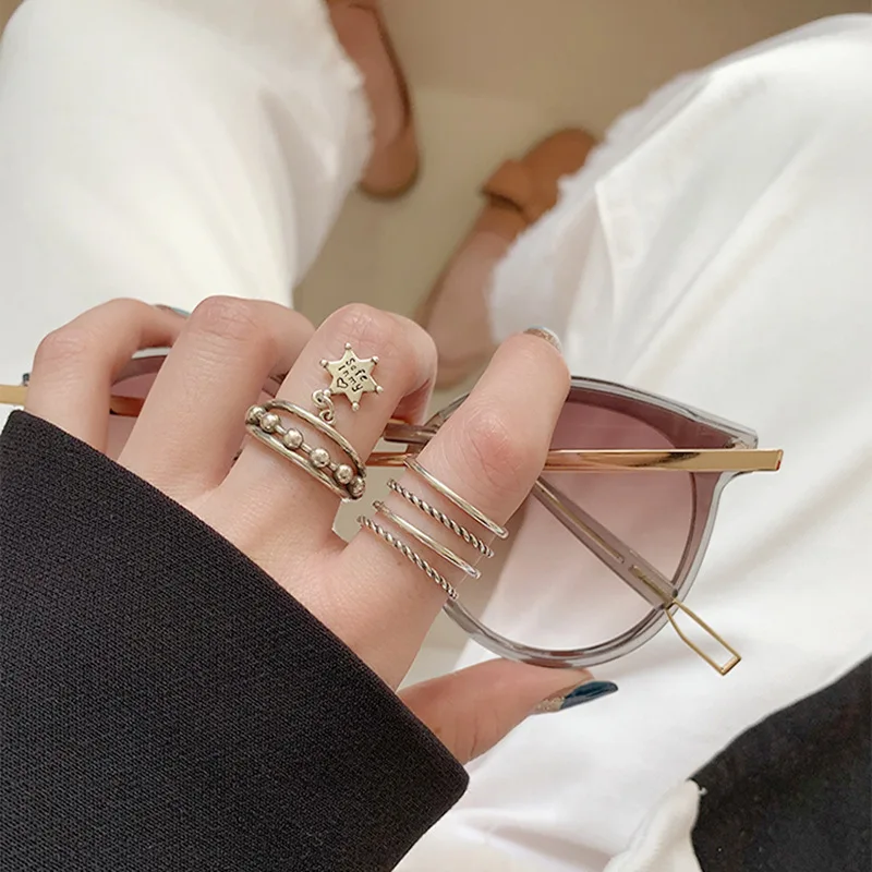 

FMILY Minimalist 925 Sterling Silver Tassel Star Letter Ring Retro Fashion Multilayer Hip Hop Punk Jewelry for Girlfriend Gift