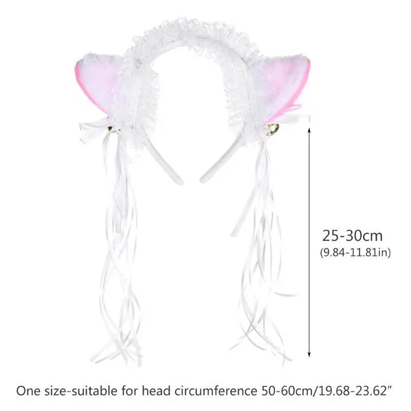 

Women Girls Ruffles Lace Faux Silk Headband Cute Plush Cat Ears Ribbon Tassels Bell Decor Hair Hoop Lolita Anime Cosplay Party H