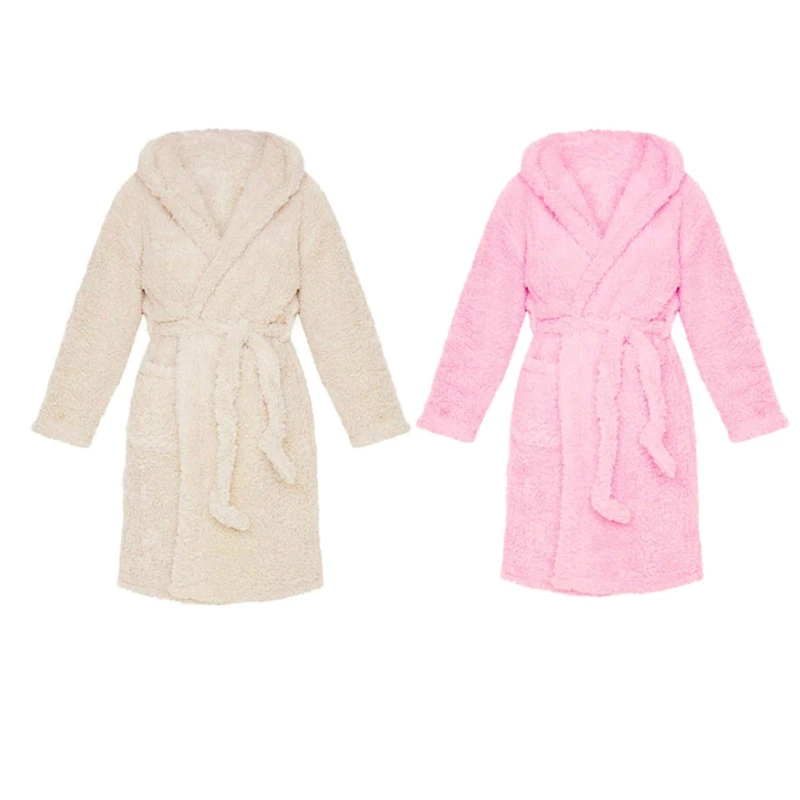 

Women Winter Warm Fluffy Plush Long Bathrobe Cartoon Bear Ear Hooded Kimono Solid Color Nightrobe Loungewear with Pocket