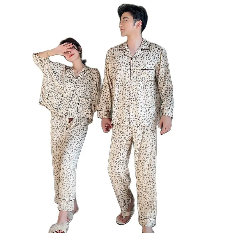 

Summer Couples Pajama Set Women 2 Pieces Ice Silk Sleepwear Female Leopard Printed Contrasting Color Tops Trousers Home Clothing