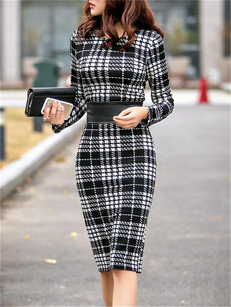 Клетчатое платье размера плюс женское элегантное ретро карандаш с длинным
