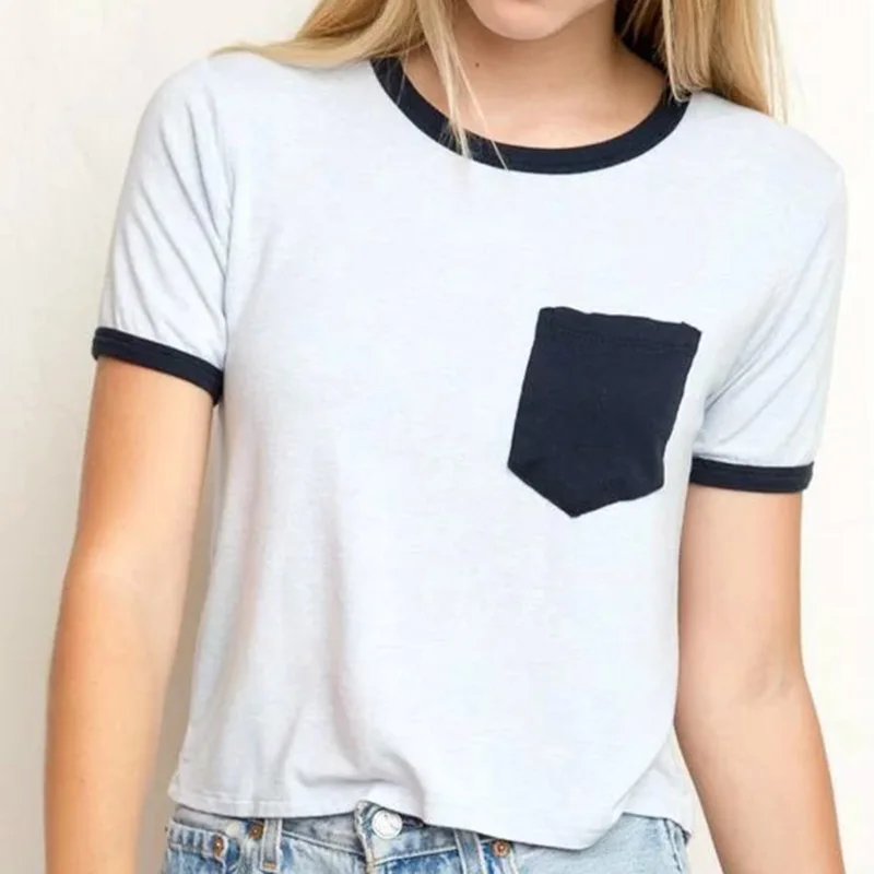

New Summer Students Tees Pocket Plus Size Women T Shirts Sexy Crop Tops Casual Cotton Shirt Lady White Blusas 90s Girls Tshirt