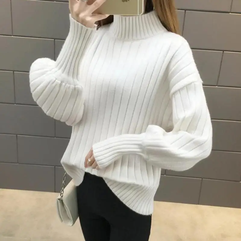 2019 Womens Sweaters Lantern Sleeve Lazy Wind Half High Neck Solid Color Knitted Bottom Casual Comfort Winter Oversized Sweater | Женская