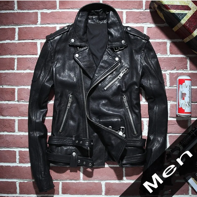 

Luxury Men Sheepskin Real Leather Jacket Motorcycle Biker Unisex Short Coat Belted Slim Fit Windproof Genuine Leather Jacket 5XL