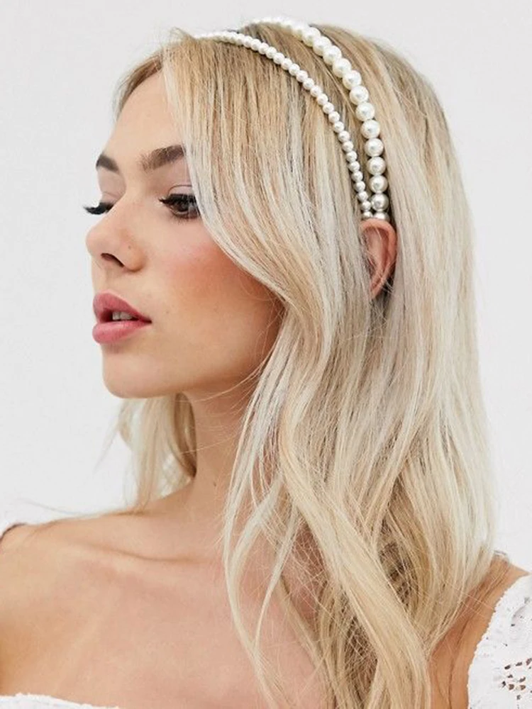 AWAYTR 2021 New Simulation Pearl Hairbands Women Hair Accessories Korean Handmade Bow Flower Hoops Headband Wedding Ornaments |