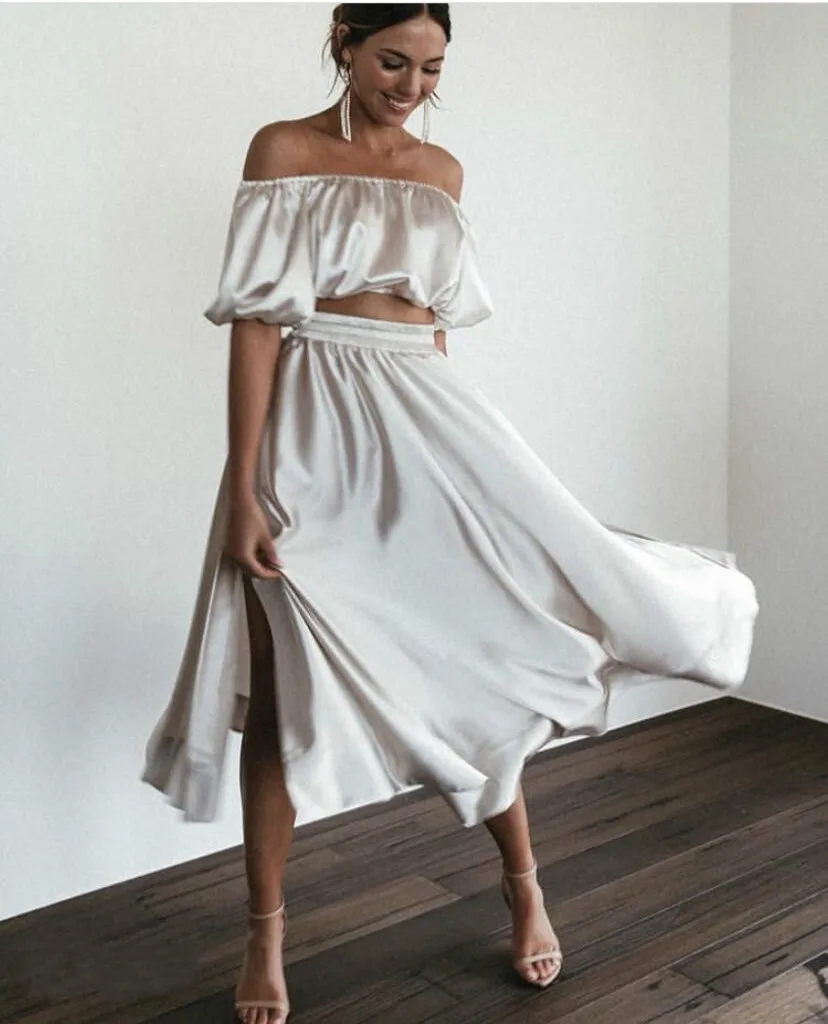 

DUISNENA long boho dress two piece women suits satin top and skirt solid color crop top sexy off shoulder slash neck vestidos