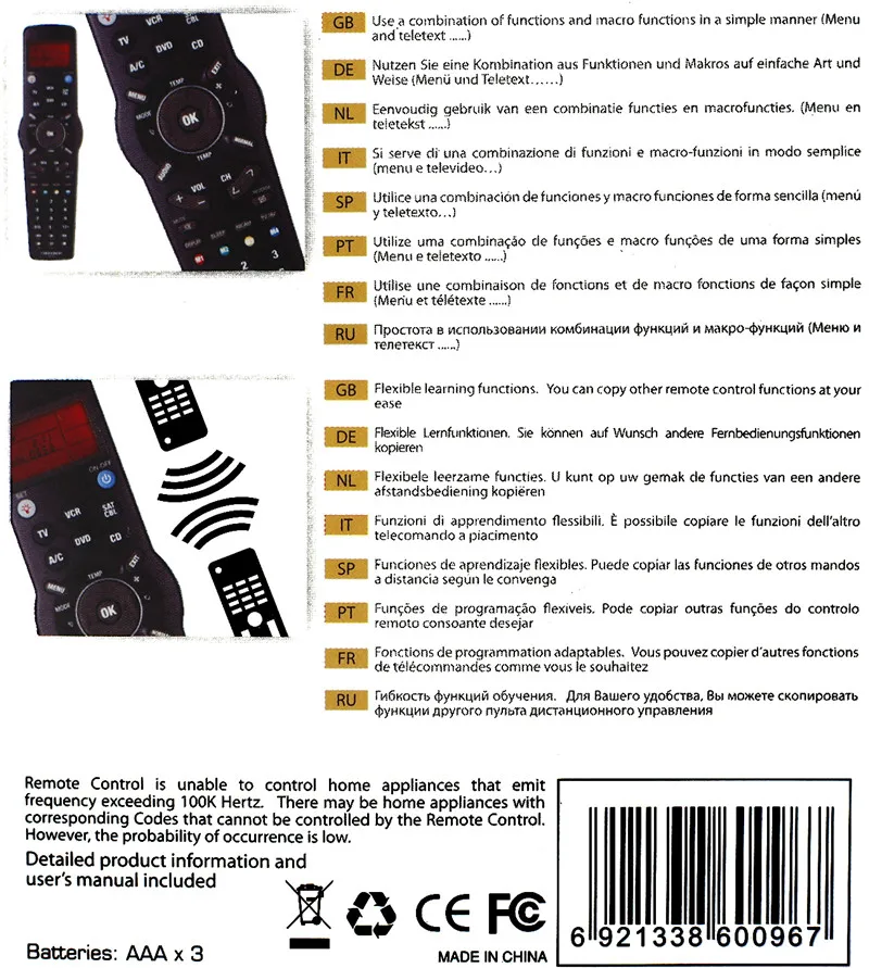 Chunghop RM-991 tv/SAT/DVD/CBL/CD/AC/VCR универсальный пульт дистанционного управления обучения для 6 сетей в 1 коде