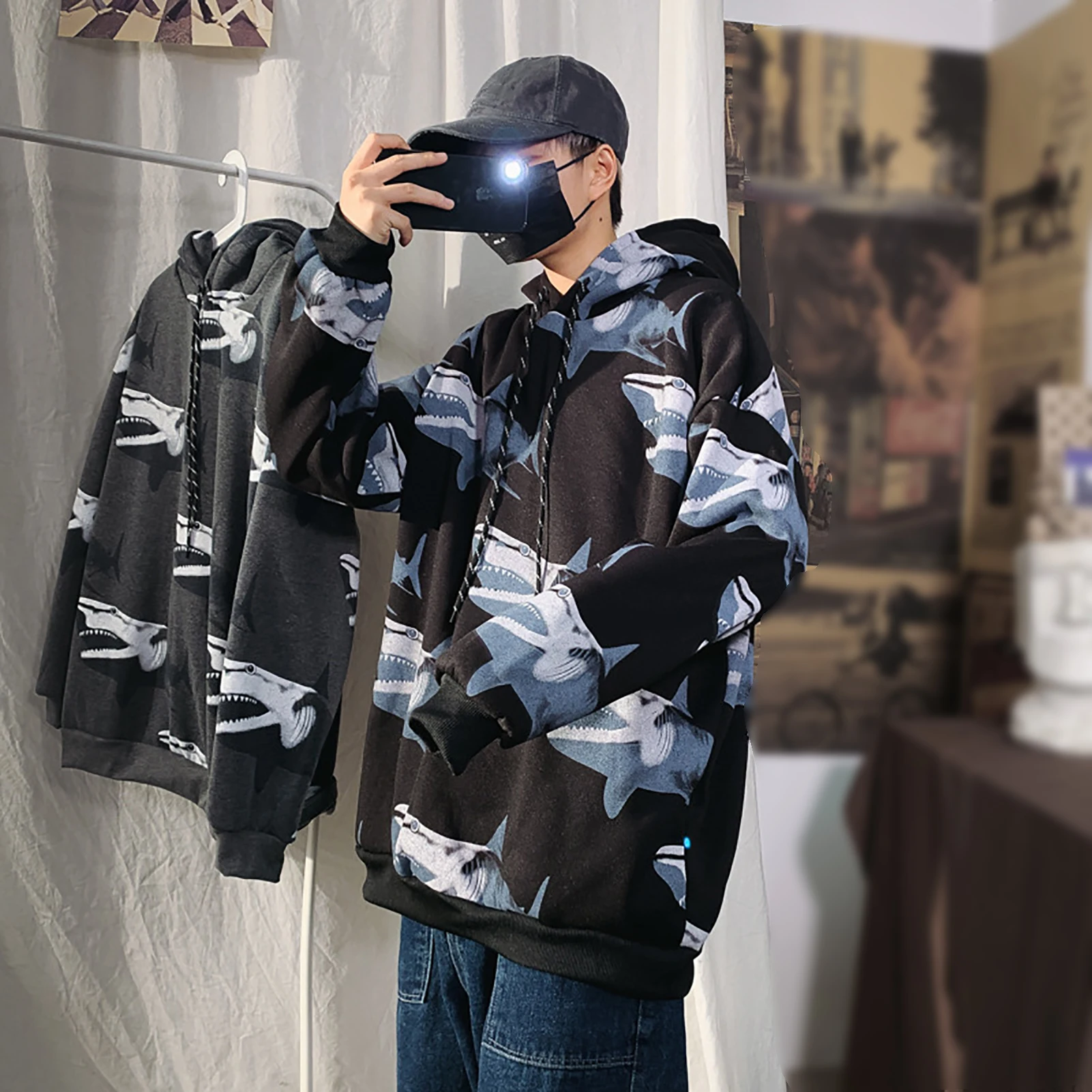 

Men Autumn Sharks Print Long Sleeve Drawstring Hoodie Plush Thick Sweatshirt