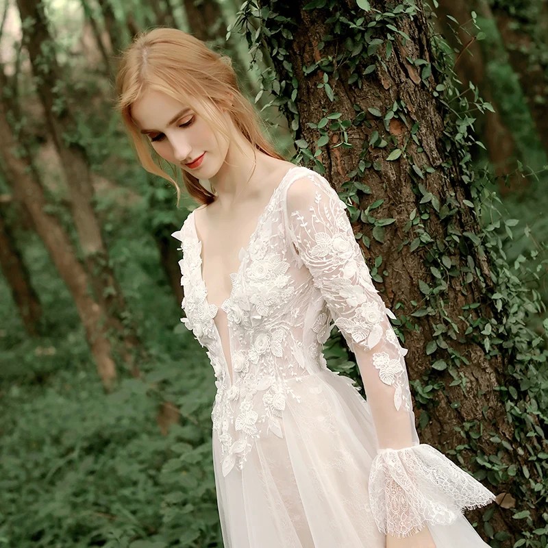 

FENTEFEN Simple High-quality Wedding Dress 2020 Lace Robe De Mariee Vestidos De Novia Brides Dresses Trip Shoot DF-0075