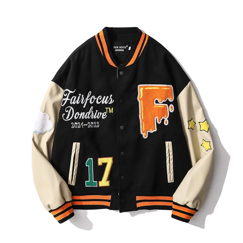 

Autumn Furry Letter Embroidery Hip Hop Baseball Jackets Men Harakuju Streetwear Pu Sleeves Varsity Bomber Coats Unisex