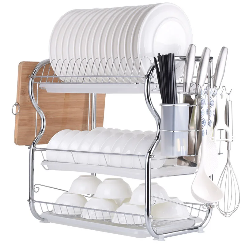 New three-layer Kitchen Dish Bowl Draining Storage Rack with Chopstick Cage Household Tableware Organizer Tray Box Basket
