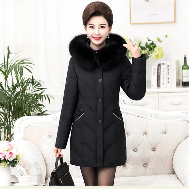 Oversize Winter Down Jacket Middle aged Women White duck down Coat Thicken Hooded Fur collar Outerwear Plus size XL-13XL G739 | Женская