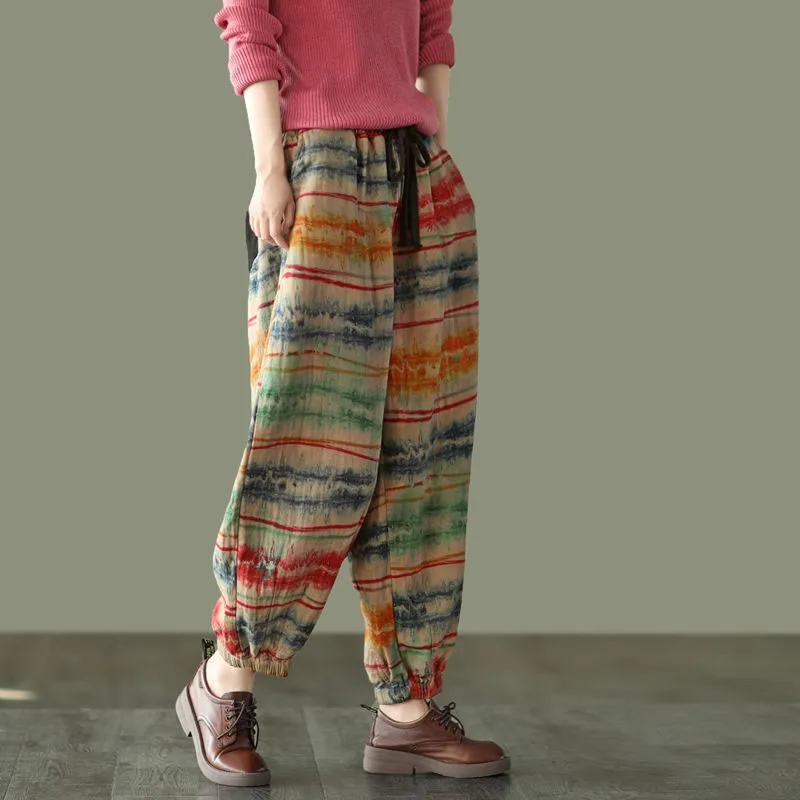 2021 Spring New Arts Style Women Elastic Waist Loose Ankle-length Pants Vintage Dyeing Cotton Linen Harem Pants Femme V227