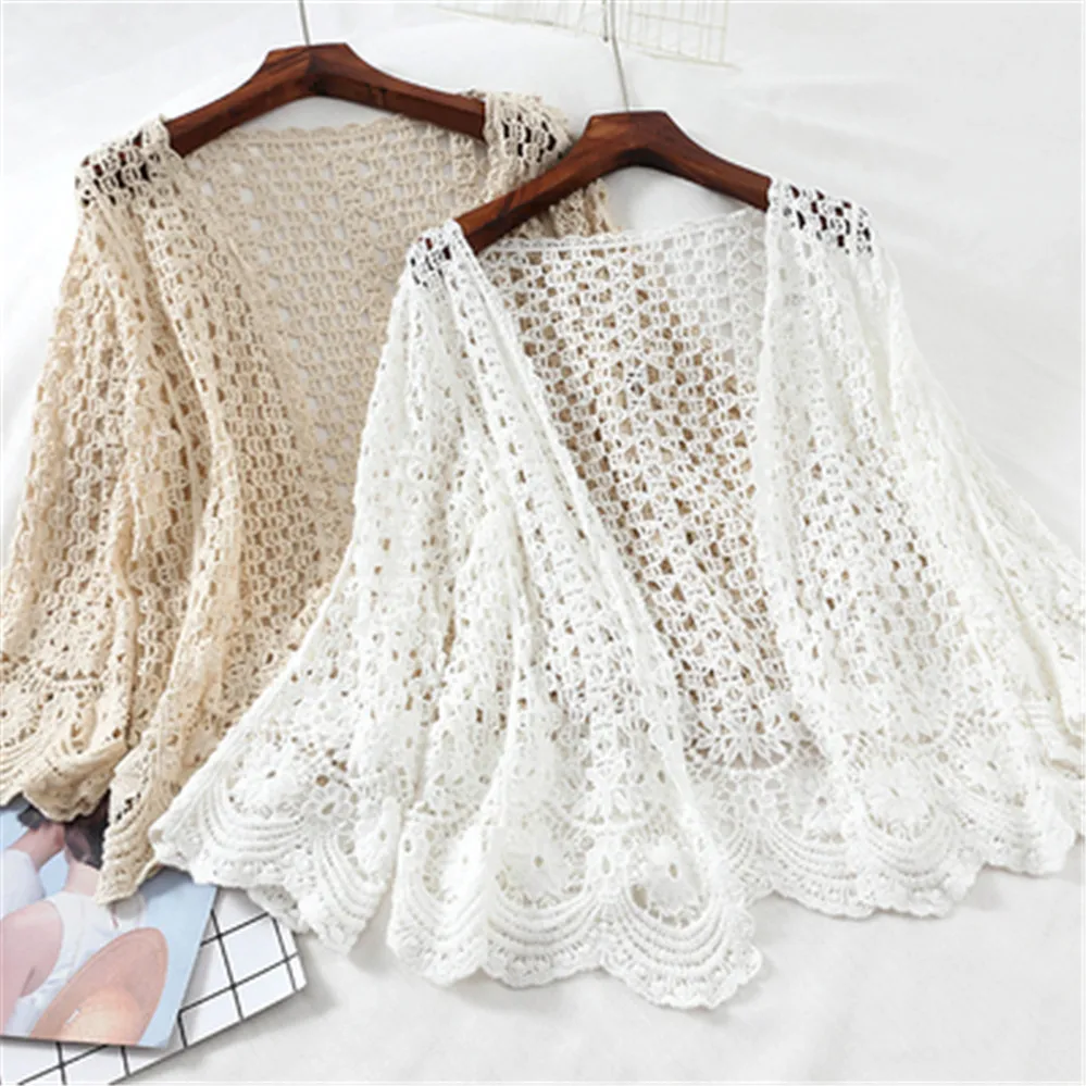 

2021 Kimono Cardigan Women Crochet Blouse Summer Cardigan Long Sleeve Embroidery White Shirt Hollow Out Clothes Beach Wear Coat