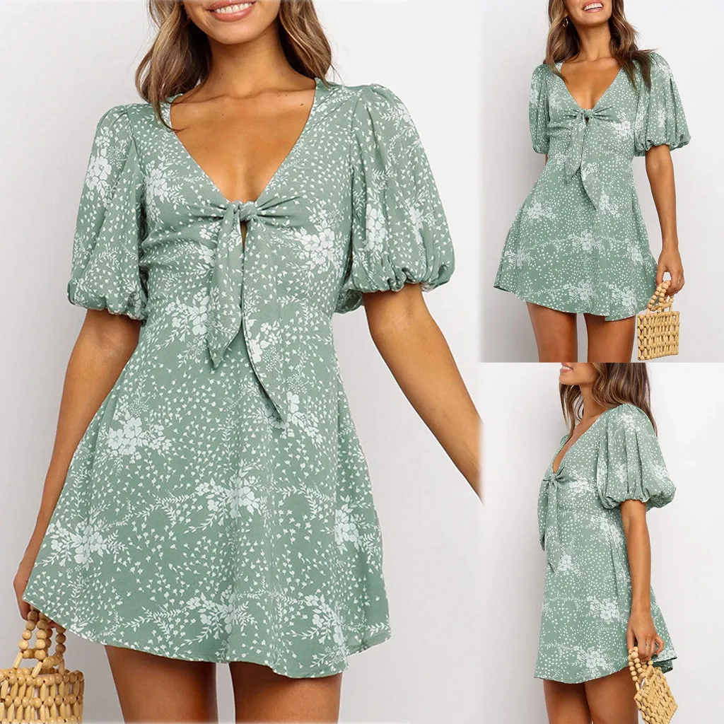 

Dress women summer slim beach dressWomen Lady Fashion Tie Kink Puff Sleeve V-Neck Flowers Print Dress A-Line skirt 2021