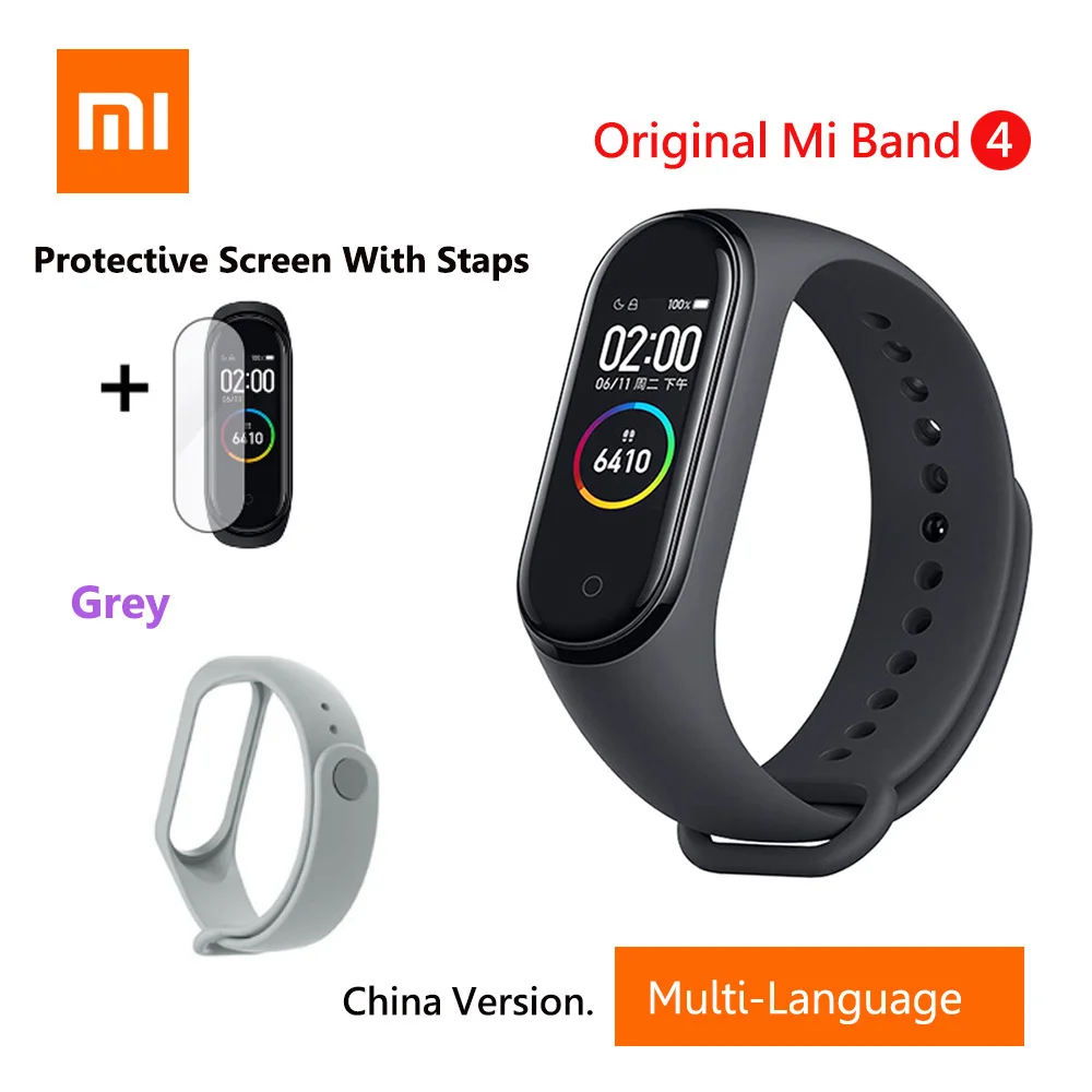Add Gray Strap Xiaomi Mi браслет 4 умный английский Русский Испанский фитнес-браслет с частотой сердечных сокращений 135 мАч Bluetooth 5,0 50 м водонепроницаемый - Цвет: Add Gray Strap