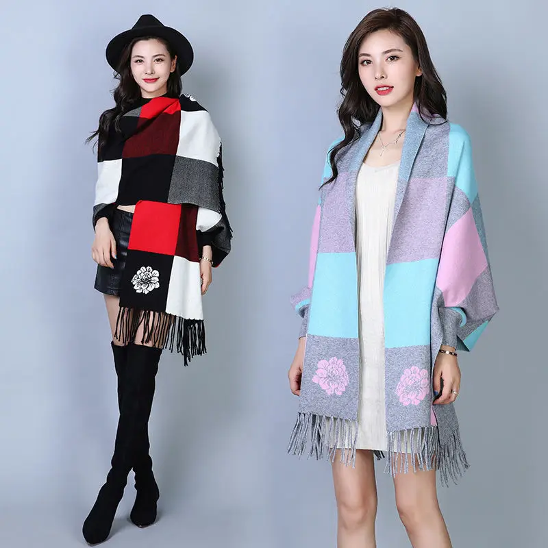 Клетчатая рубашка летучая мышь с рукавами свитер накидка женский свободный