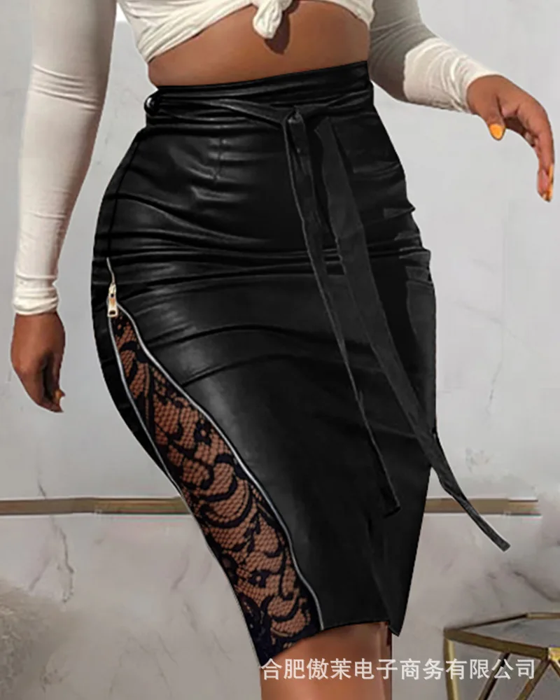 

Lace Stitching Slim-fit Strappy Leather Skirt