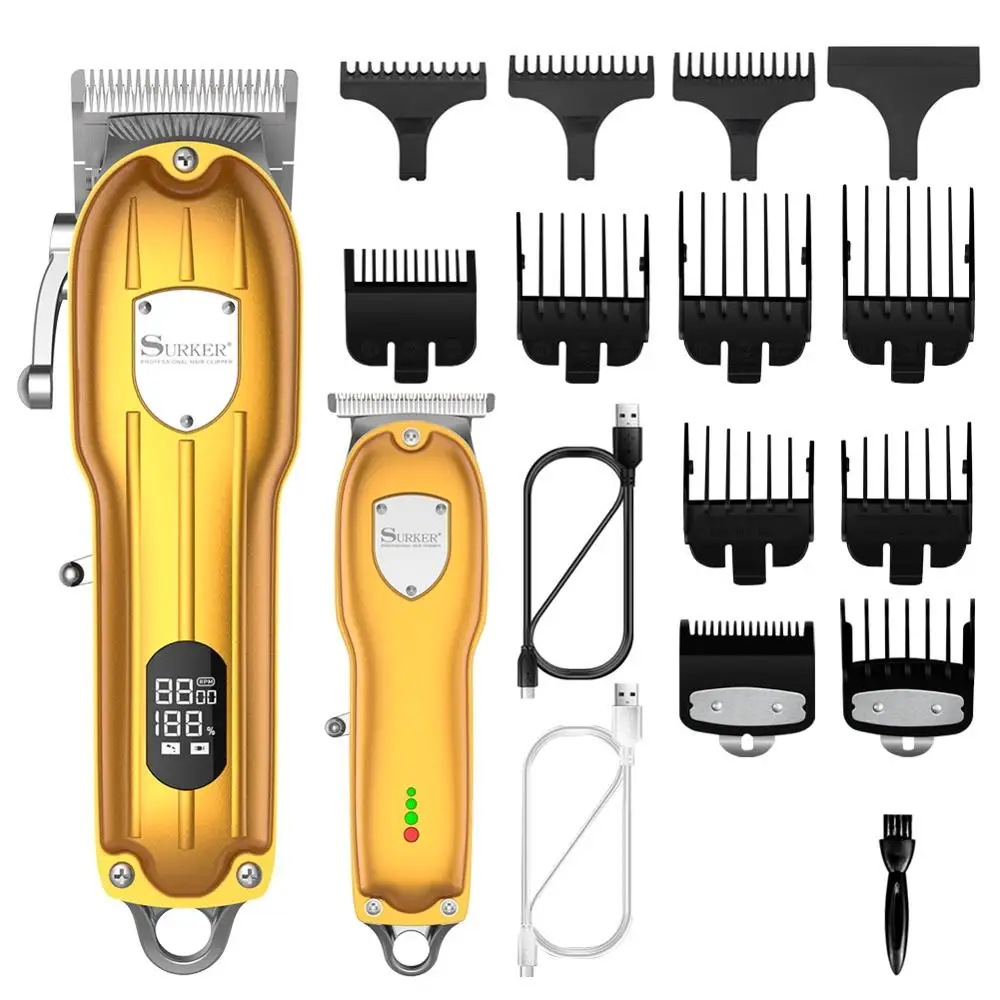 2 in 1 Professional Mens Hair Clipper T-Blade Hair Trimmer Electric Cordless Barber Hair Cutting Kit with 11 Guide combs