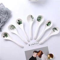 1 pcs ceramic soup spoon nordic green plants 22 5cm white ins big rice scoop tableware household kitchen supplies dinnerware