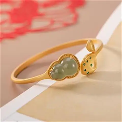 

Original S925 Sterling Silver Gilding Natural Hetian Jade One Size Adjustable Gourd Opening Lady Temperament Bangle Bracelet