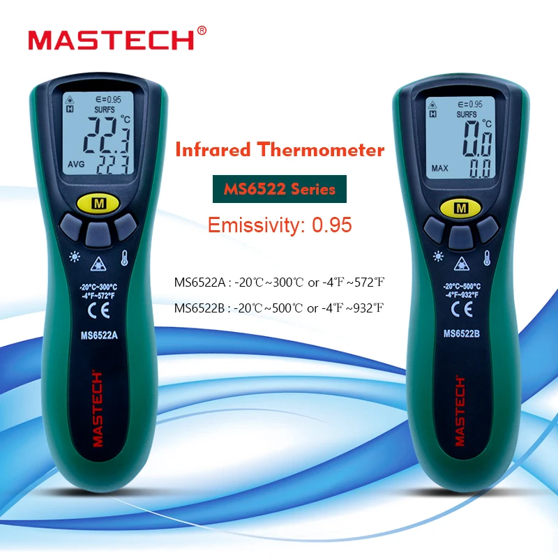 MASTECH MS6522A/B Ручной цифровой термометр пистолет-20C~ 300C/500C лазерная указка бесконтактный инфракрасный ИК термометр 10:1