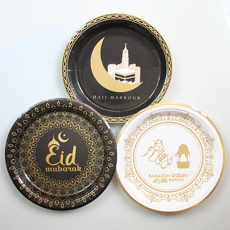 

100pcs/set 7inch HAJJ MABROUR Paper Plate Eid Mubarak Disposable Dinner Plate Ramadan Kareem Islam Muslim Mosque Party Supplies