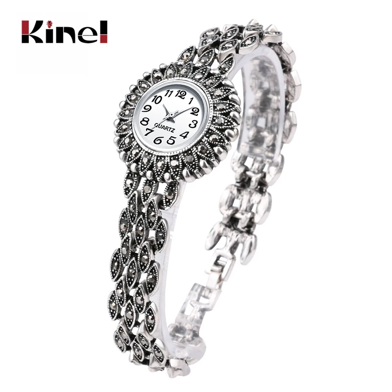 Kinel модные антикварные тибетские серебряные кварцевые наручные часы женские с