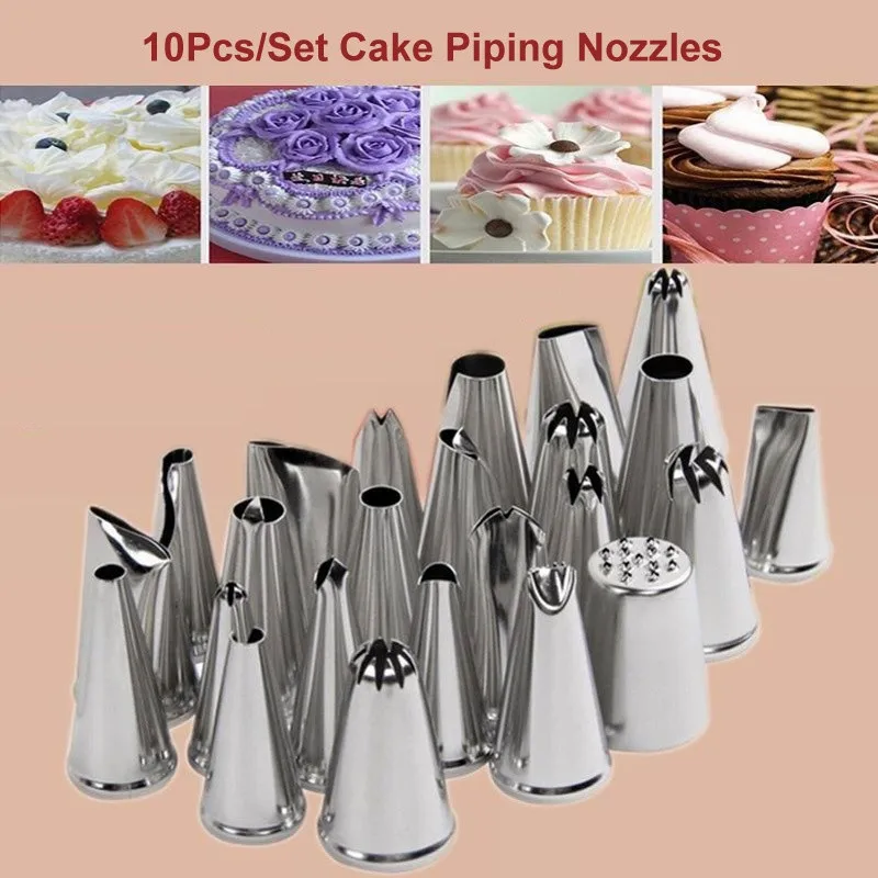 

10 Pcs/Set Cake Piping Nozzles Stainless Steel Pastry Icing Flower Tips Cake Decorating Tools Cream Mouth