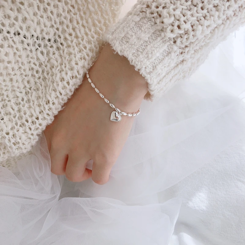 Delicate Rice Bead Bracelet 100% 925 Sterling Silver Cute Heart Pendant Polished Chain Women Teenage Girl 19cm | Украшения и