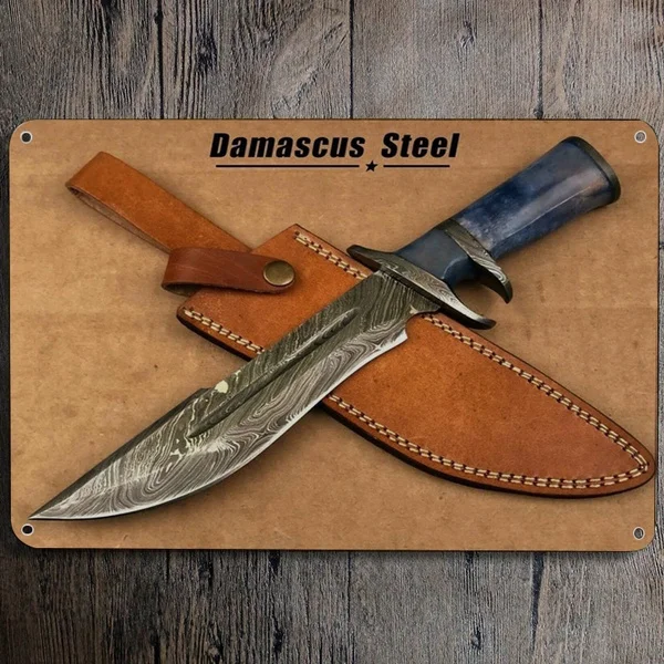 Metal Tin Sign Damascus Steel Custom Handmade Hunting Bowie Knife Metal Painting Metal Poster 20x30cm Poster Metal Plaque 2021