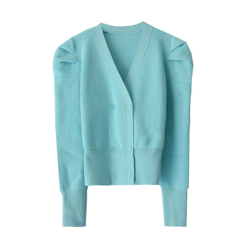 

2021 Early Spring New V-neck Puff Sleeve Fashion Retro Double-breasted Long Sleeve Knit Cardigan Women