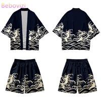 japanese cosplay waves print cardigan harajuku kimono shorts sets yukata casual vintage shirt women men haori two piece suit