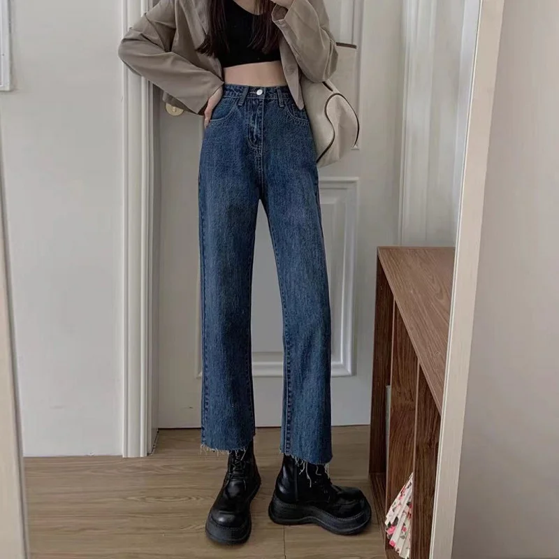 

Woolen Dark Jeans Women's Autumn and Winter 2021 New High Waist Slim Point Pants Net Red Straight Pants