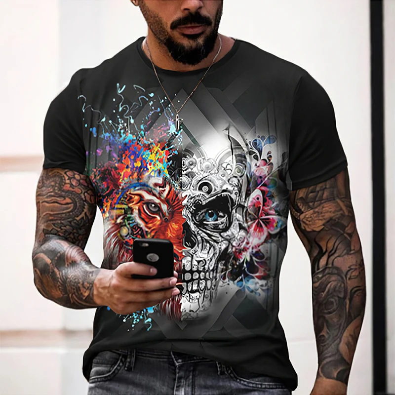 

Men's T-shirt with 3D printed skull and zombie pattern, personalized trendy streetwear, oversized summer breathable top