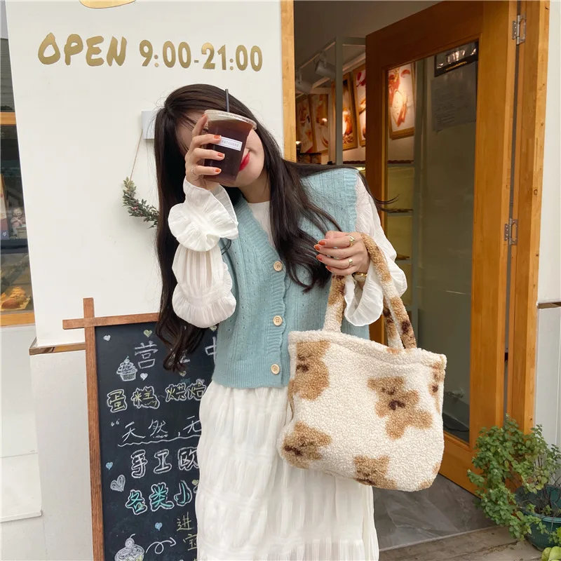 

Youda Original Design Lamb Like Fabric Shoulder Bag Fluffy Fur Bear Warm Handbags for Women Tote Plush Square Pack for Girl