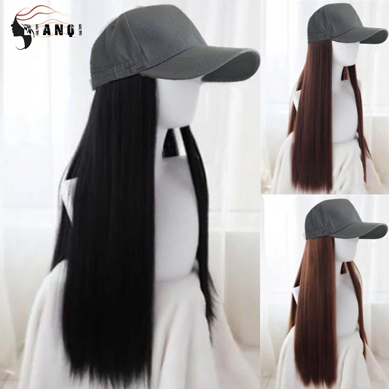 DIANQI 22inches Synthetic Hat Wig  Black Long Straight Hairpiece Gray Baseball Cap With Heat Resistance Wig For Women Cosplay