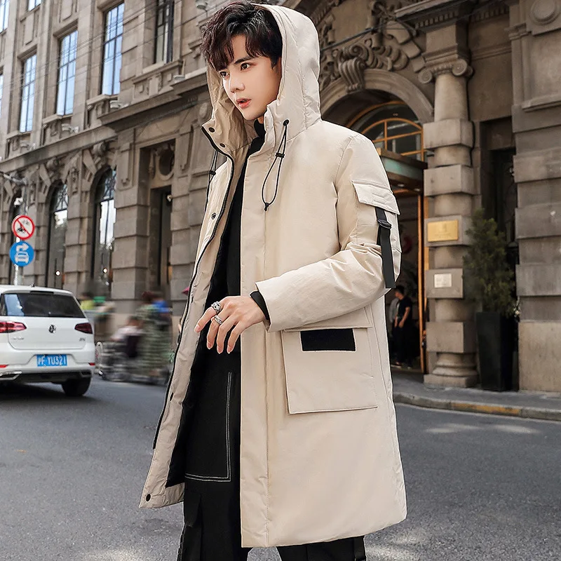 

Mens Casual Long Down Jacket Male Pocket Decorative Zipper Winter Youth White Duck Down Clothes