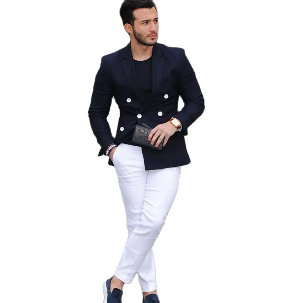 

New Arrival Men's Peak Lapel Navy Blue Suits Hot Selling Custom Made Double Breasted Handsome Casual Wear Blazer 2 Pieces Skinny