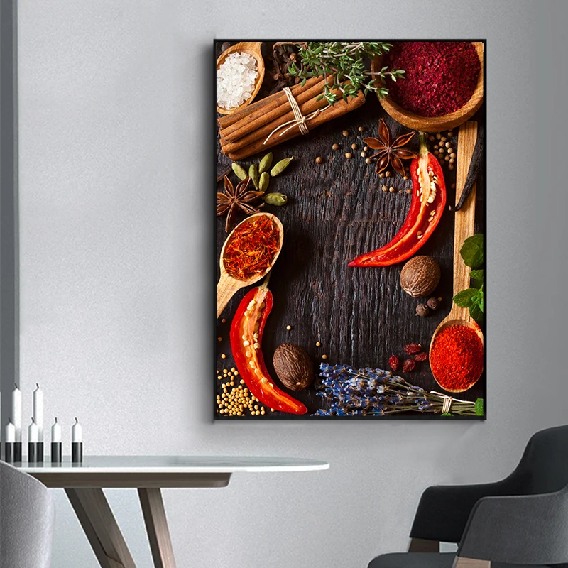 

Kitchen Decor Wall Art Posters and Prints Grains Spices Spoon Peppers Oil Painting On Canvas Cuadros Pictures for Home Decor